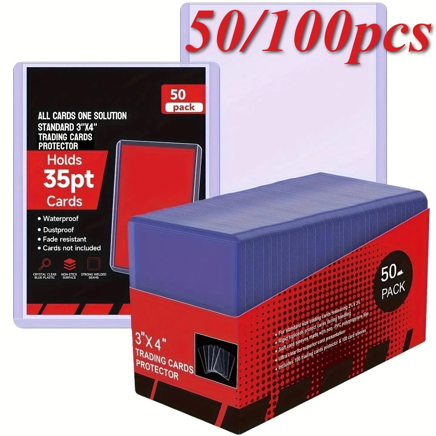 35PT Trading Card Storage Sleeves with Clear Rigid Top-Loading Design in 50- or 100-Piece Packs