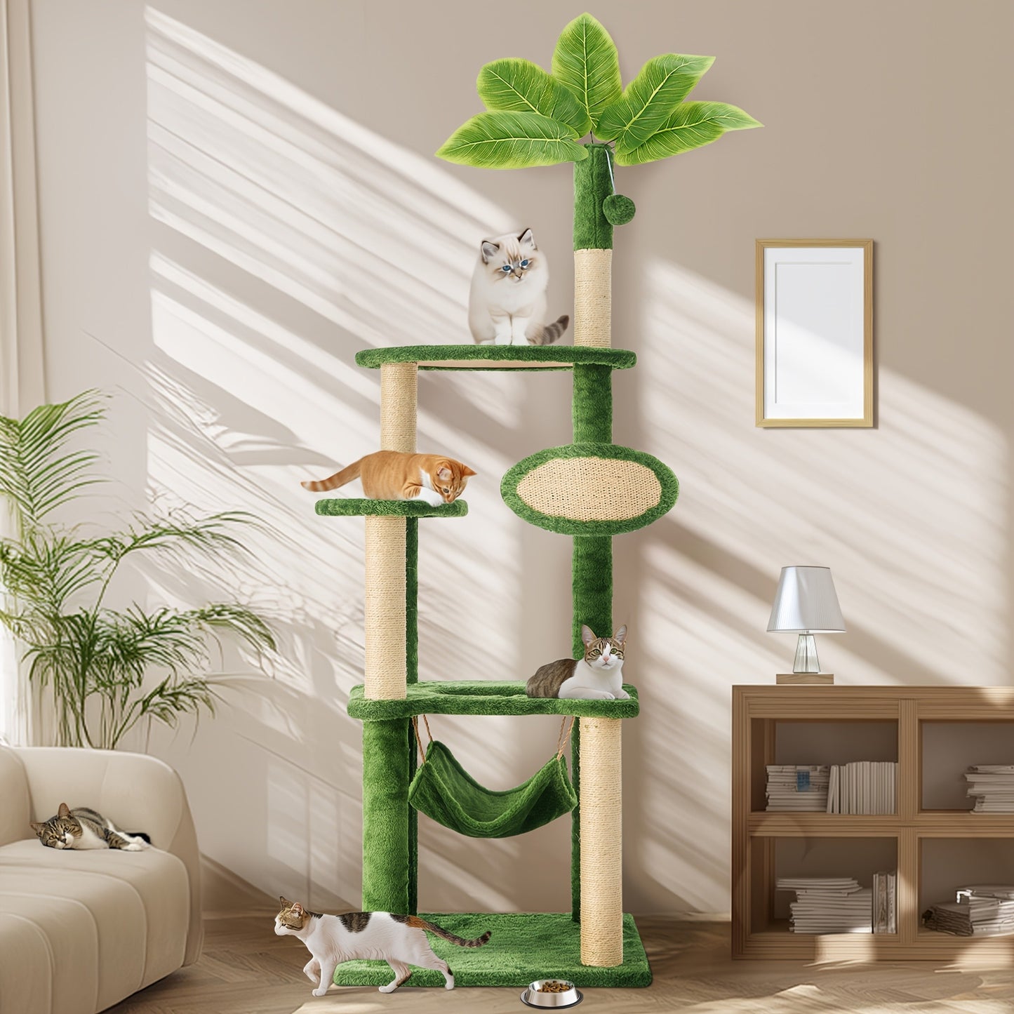Cat Tree 55" Large Multi-Level Cat Tower for Indoor Cats with Green Leaves, Hammock, Sisal Scratching Posts & Hanging Ball Toy