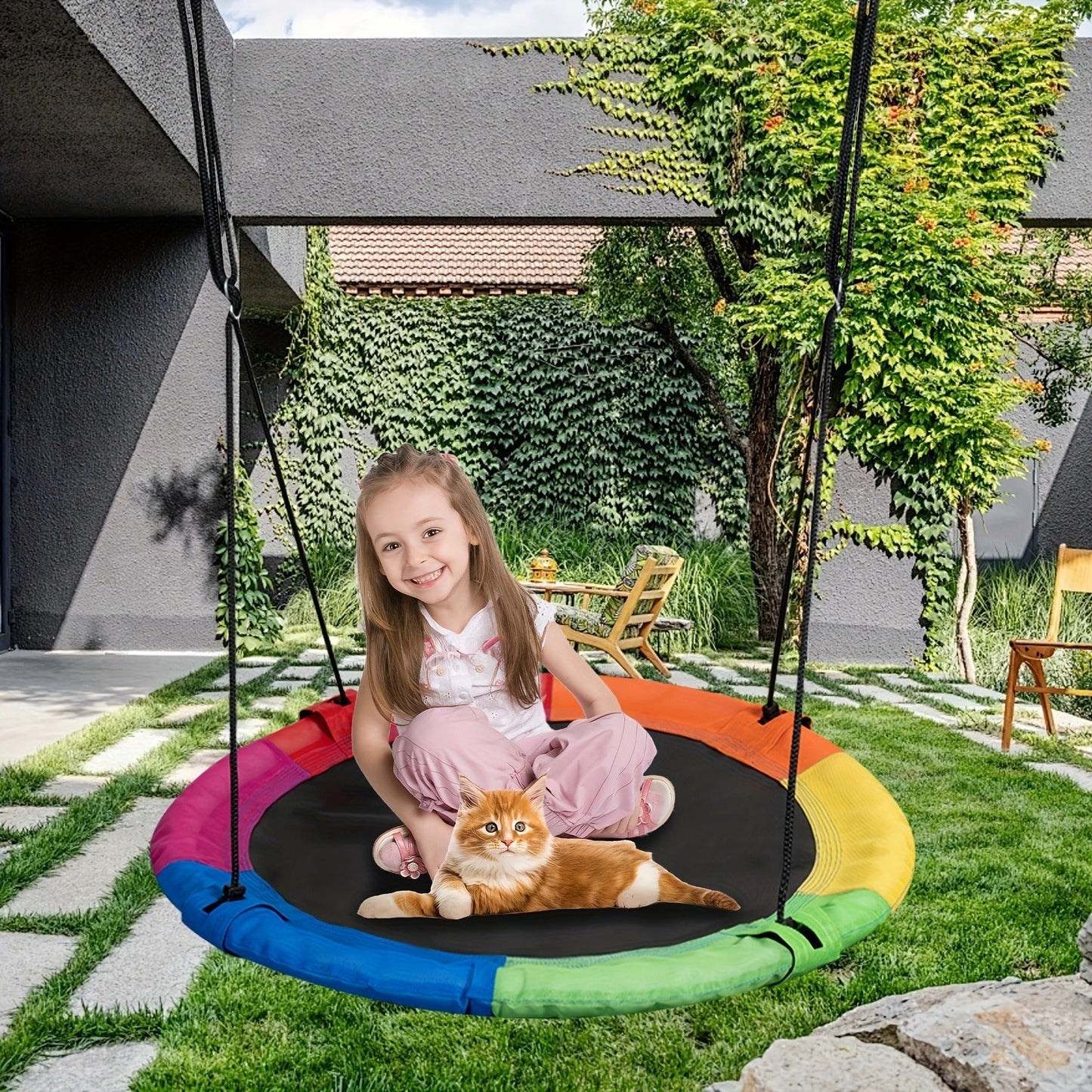 Saucer Tree Swing 43 Inch 360 Degree Rotating Flying Saucer Swing with Swivel Hanging Straps Adjustable Ropes Round Spinner Swing for Tree
