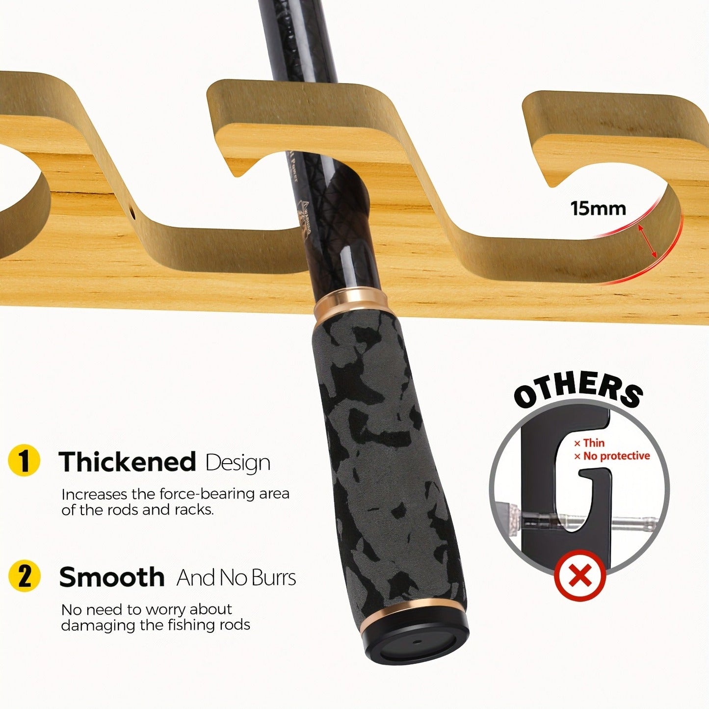 Wall-Mounted Wooden Fishing Rod Rack – 5-Hole Horizontal Rod Holder for Garage, Ceiling & Wall | Solid Wood Fishing Pole Storage Bracket