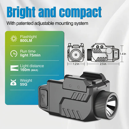 Pistol Light Tactical Flashlight – 800 Lumen USB Rechargeable Handgun Weapon Light with Picatinny Rail Mount for Pistols & Compact Firearms