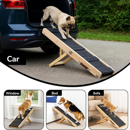 Foldable Dog Ramp for Couch & Bed – Adjustable Height 13–21 Inch, Non-Slip Pad & Wood Base, Portable Pet Stairs for Small Dogs