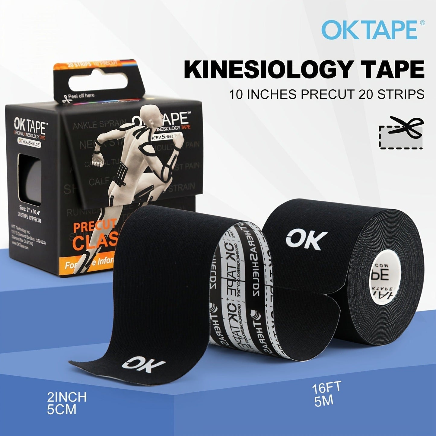 Kinesiology Tape 4 Rolls Precut 20 Strips, Cotton Elastic Athletic Tape Latex Free 2in x 16ft for Knee Shoulder Muscle Support Sports
