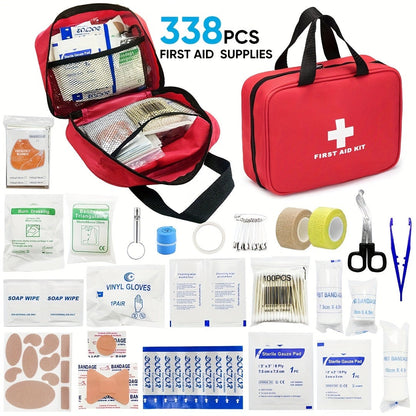 338-Piece First Aid Supply Kit in Red Handled Zipper Bag with Organized Interior Compartments