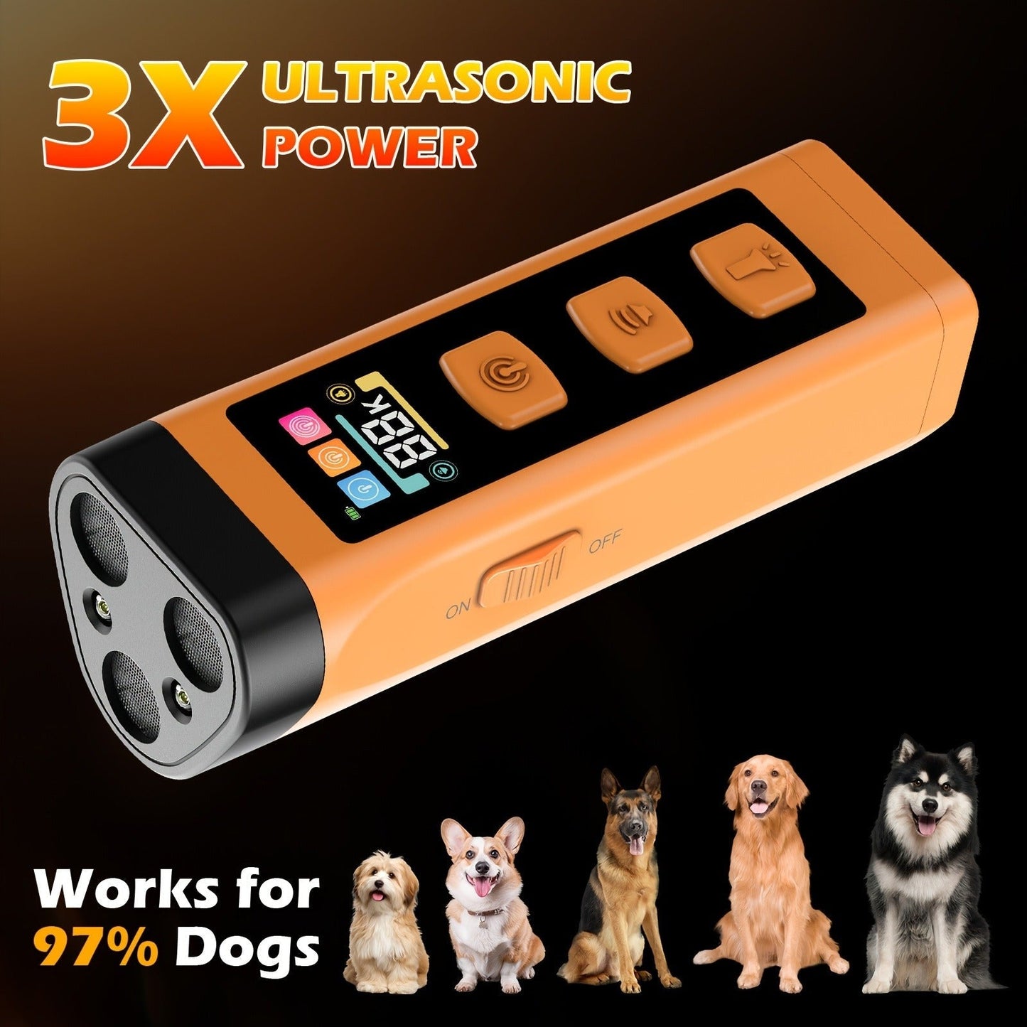 Orange Rechargeable Triple-Emitter Ultrasonic Dog Training Aid with Display, Light and Wrist Strap