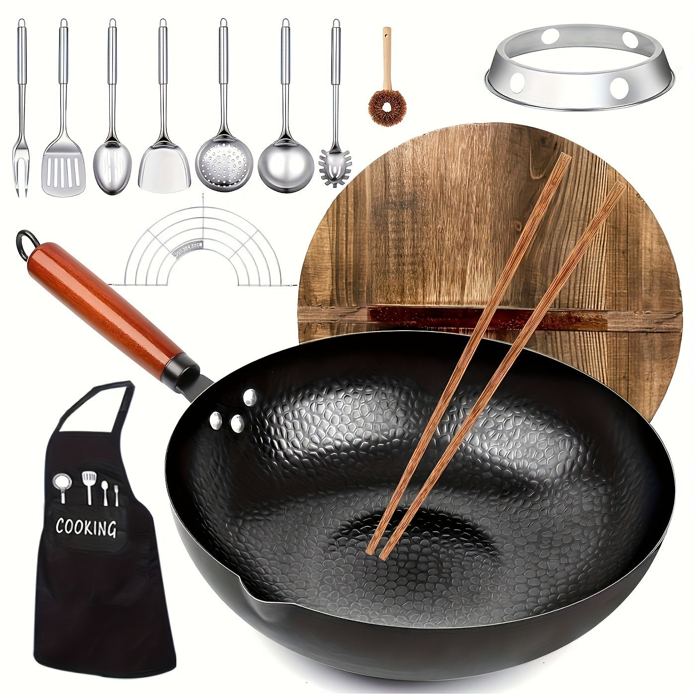 Wok Set Cast Iron 12.6 Inch Nonstick with 13 Accessories, Natural Nonstick No Chemical Coating Stir Fry Pan with Lid & Detachable Handle
