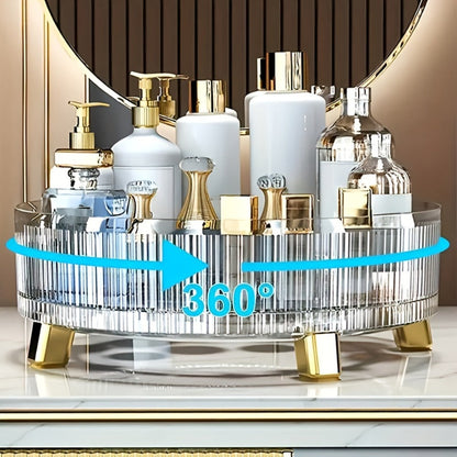 Round Rotating Makeup Organizer Tray with Ribbed Sides and Gold-Tone Feet in White, Green or Orange