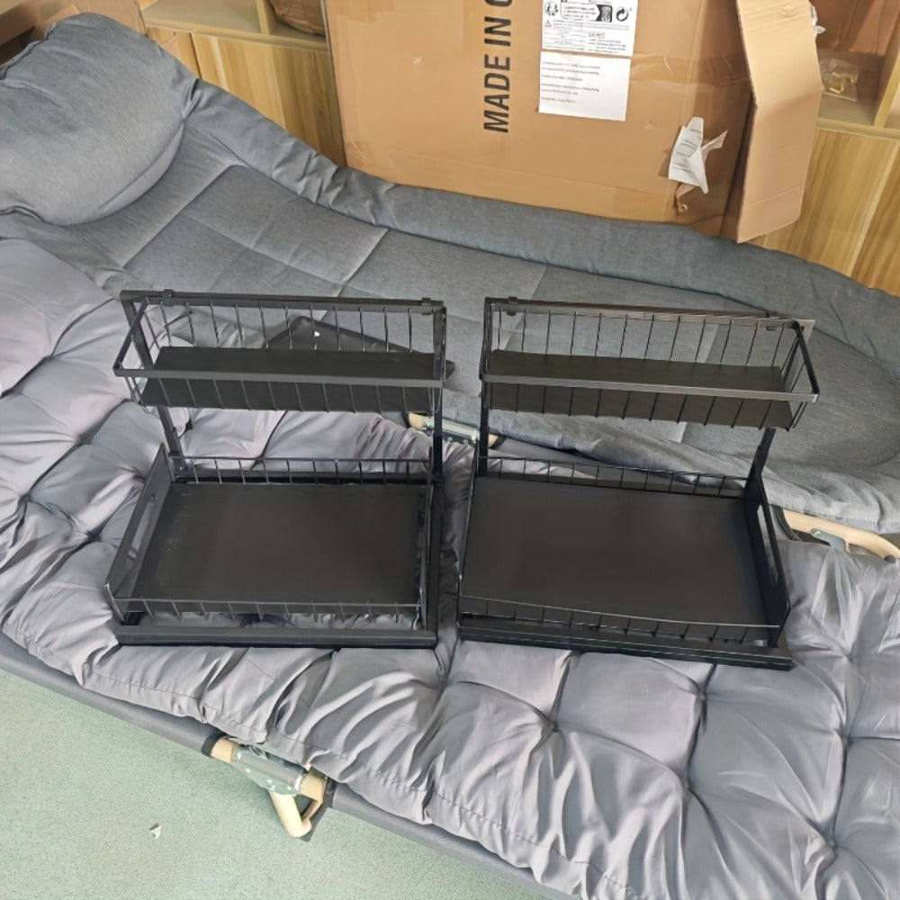 L-Shaped Pull-Out Cabinet Organizer with 14.4 x 10.6 x 11 Inch Frame, 7 Inch Pipe Clearance and 1- or 2-Piece Options