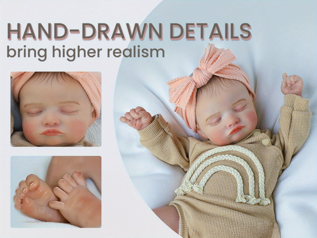 Reborn Baby Doll 20-Inch Sleeping Soft Cloth Body with Striped Outfit, Bow Headband and Feeding Accessories