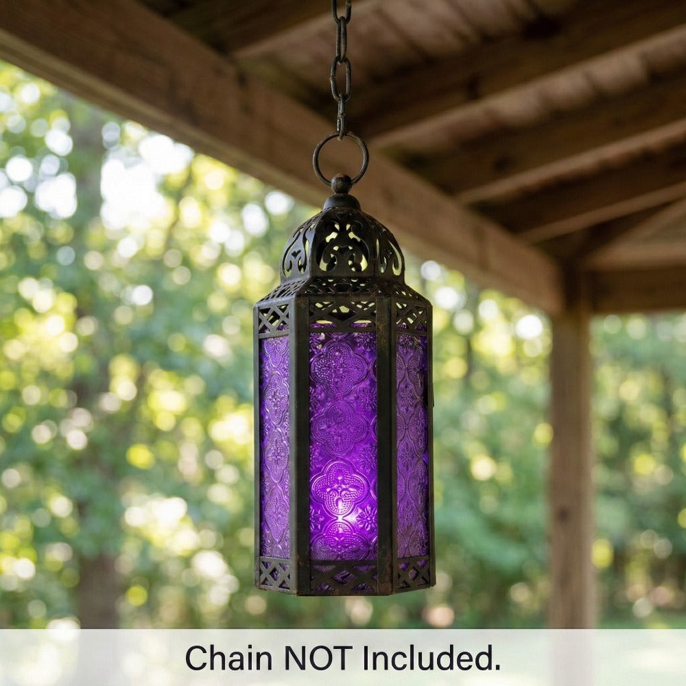 Moroccan Candle Lantern Holder - Decorative Metal & Glass Lantern with Embossed Floral Design for Indoor Home Decor
