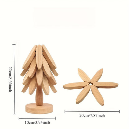 Solid Wood Trivet Mat Set 6pcs with Storage Rack, Heat-Resistant Tree-Shaped Coasters for Home Cooking, Dining and Outdoor Meals