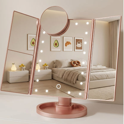 Vanity Mirror with Lights Tri-Fold 21 LED Lighted Makeup Mirror Touch Control 1X 2X 3X 10X Magnification 360 Rotation Dual Power Tabletop