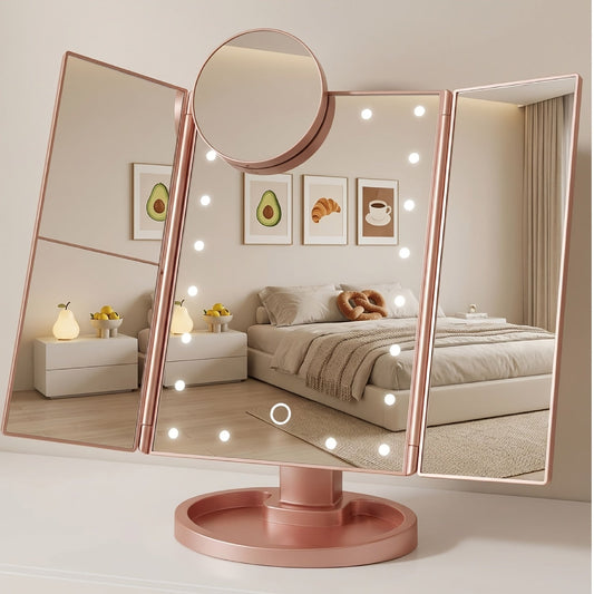 Vanity Mirror with Lights Tri-Fold 21 LED Lighted Makeup Mirror Touch Control 1X 2X 3X 10X Magnification 360 Rotation Dual Power Tabletop