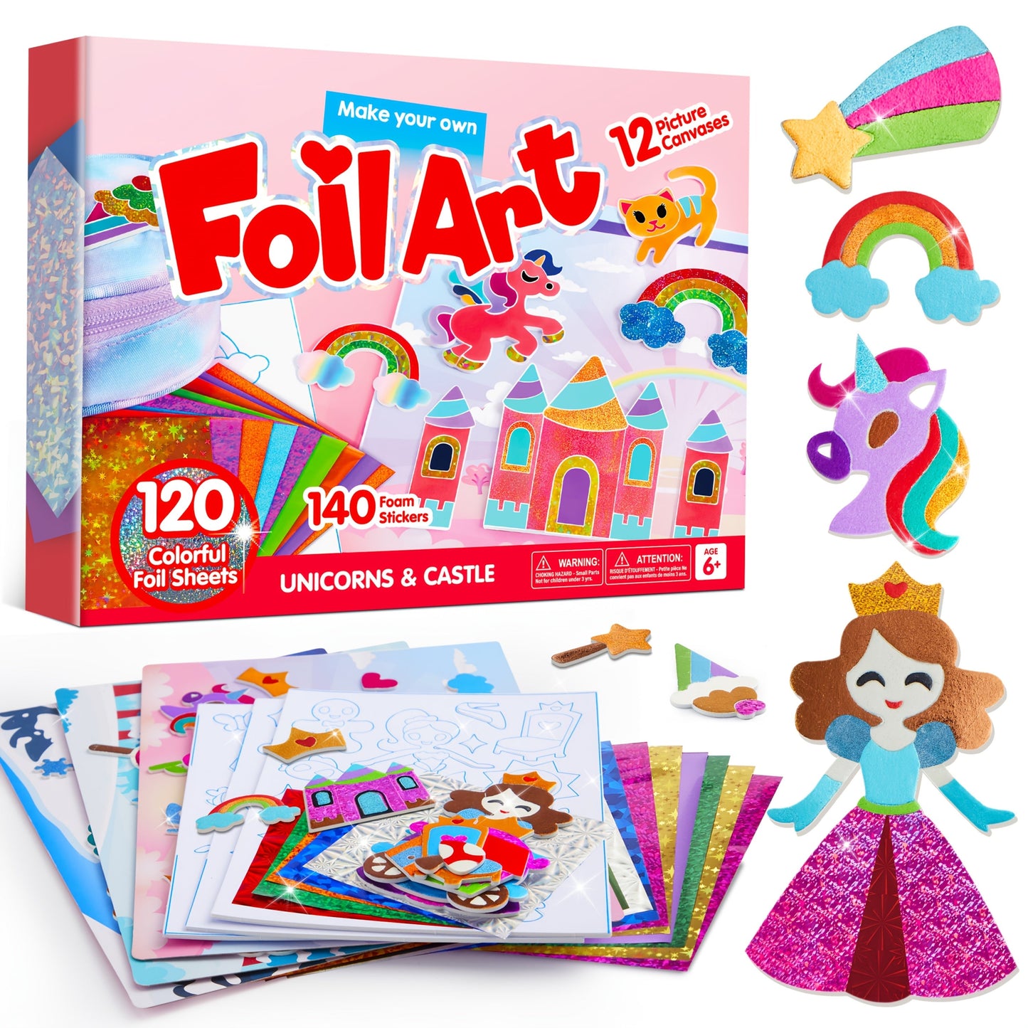 Foil Art Kit for Girls 10 Canvases 120 Colorful Foil Sheets 140+ Foam Stickers, Mess-Free Glue-Free Unicorn Princess Fairy Craft