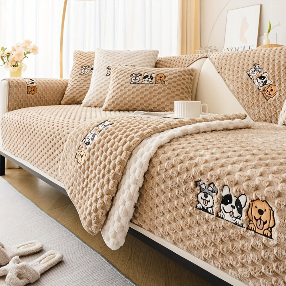 Sofa Cover, Honeycomb Velvet Animal-Embroidered Couch Pad with Backing Detail in Three Colors