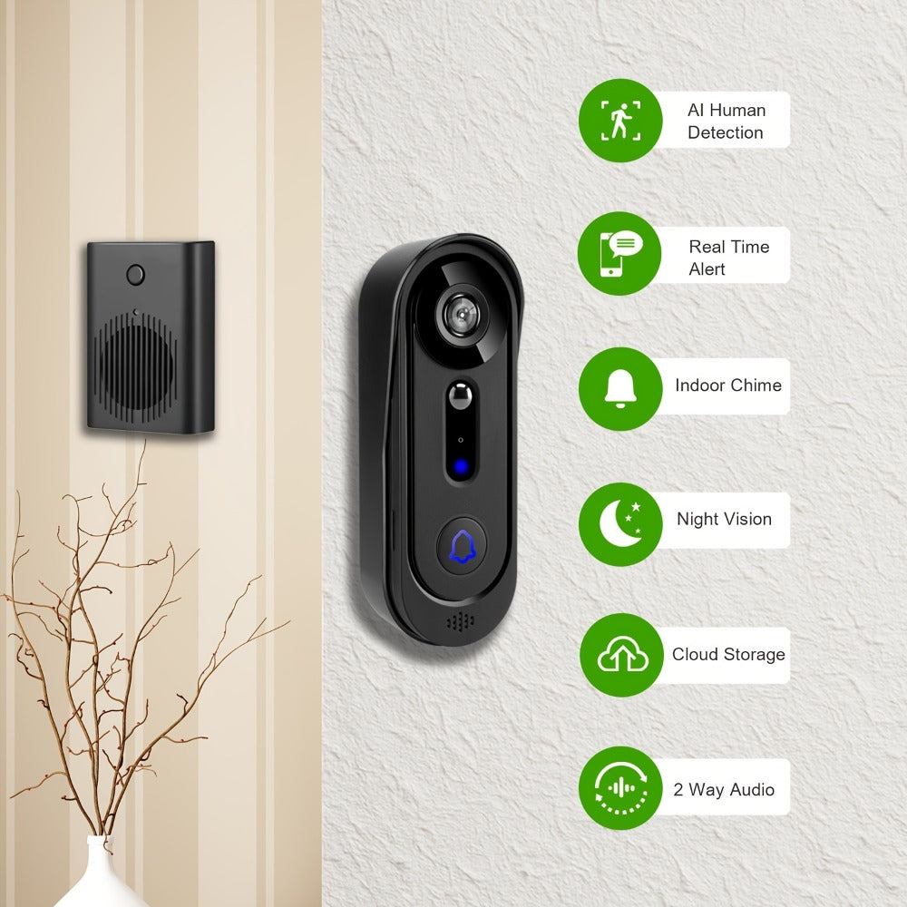 Wireless Video Doorbell Camera 1080P HD Night Vision Motion Detection Two-Way Audio Battery Powered Indoor Chime Cloud Storage Smart Home