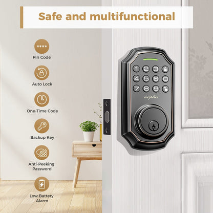Smart Door Lock Arpha Keypad Deadbolt with Black Silver Handle Sets and Optional Fingerprint WiFi Versions
