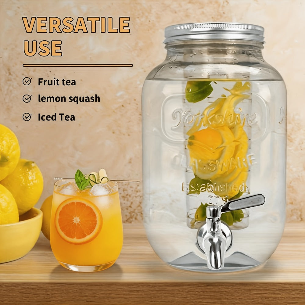 Glass Beverage Dispenser Set with Stand, 1-Gallon Square Glass Drink Dispenser with Stainless Steel Spigot & Ice Tube