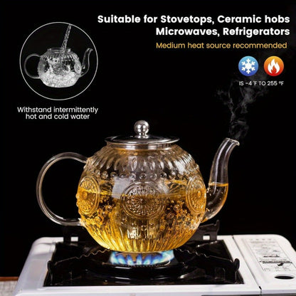 Vintage Glass Teapot 50oz 1500ml with Removable Infuser Stovetop Safe Borosilicate Tea Kettle for Entryways, Bedrooms and Living Spaces