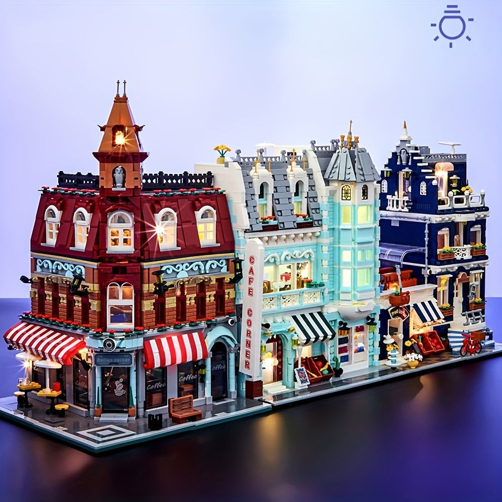 Modular City Building Blocks Set – European Architecture Grocery Store & Market Street, 3-Level Mini Brick Model Kit for Adults & Teens