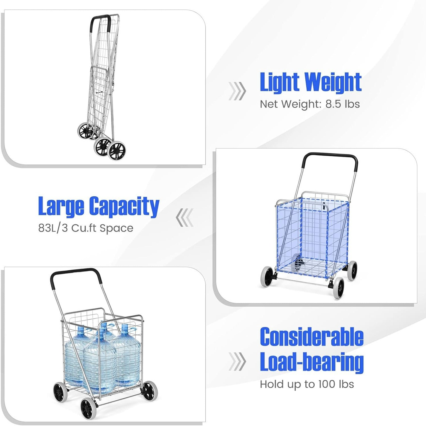Rolling Shopping Cart Metal Basket, Foldable Grocery Utility Cart with Foam Handle Large Wheels 22 Gal for Supermarket Laundry Warehouse