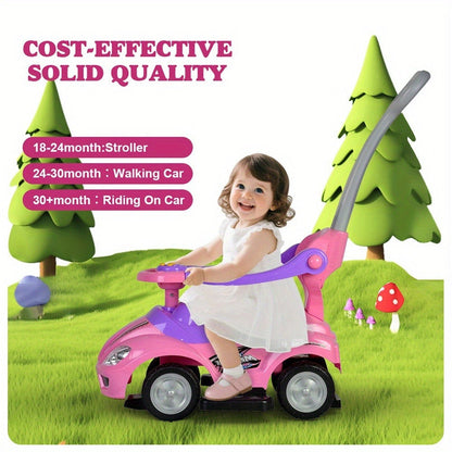 3-in-1 Toddler Push Ride & Walker Car, Baby Ride-On Toy with Guardrail, Music & Under-Seat Storage for Ages 18-36 Months