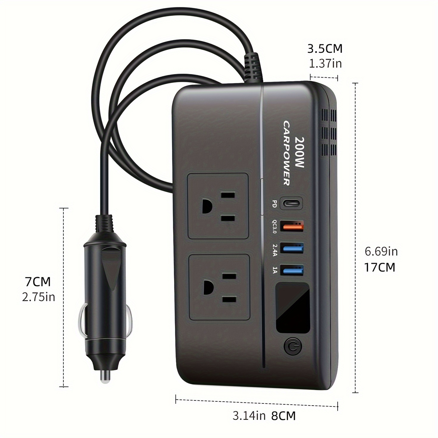 200W Car Power Inverter DC 12V to AC 110V with USB-C PD 20W & QC3.0 Fast Charging for Garden, Patio and Yard Use