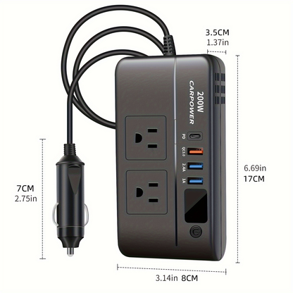 200W Car Power Inverter DC 12V to AC 110V with USB-C PD 20W & QC3.0 Fast Charging for Garden, Patio and Yard Use
