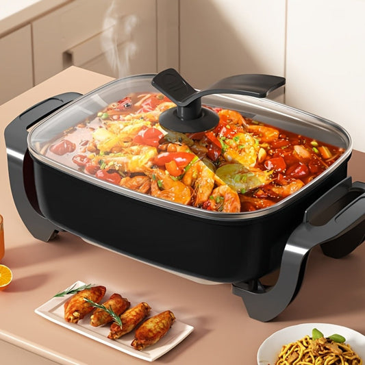 Electric Ceramic Non-Stick Pot 12x12 Inch 1500W Square Skillet with Glass Lid Adjustable for Home Cooking, Dining and Outdoor Meals