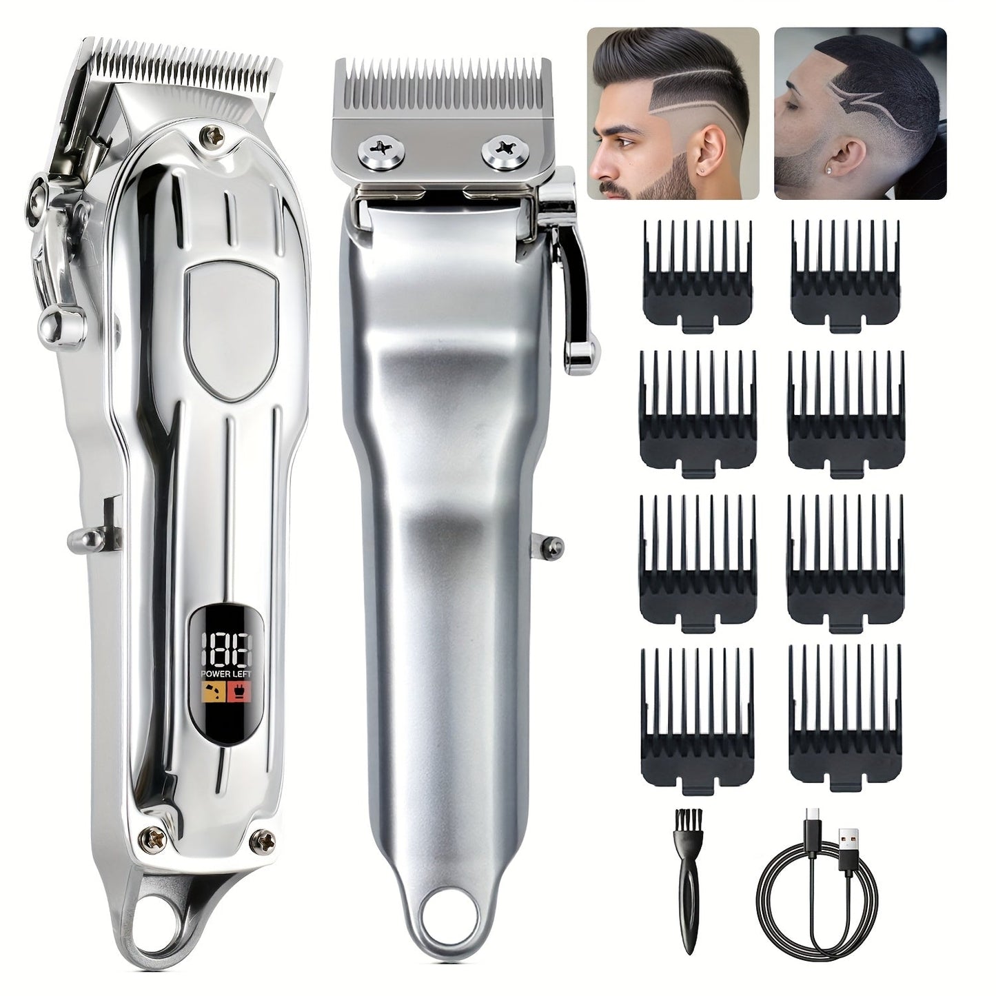 Hair Clipper MENSURE Single or Two-Tool Cordless Set with Type-C Charging, LCD Display and Seven Guide Combs