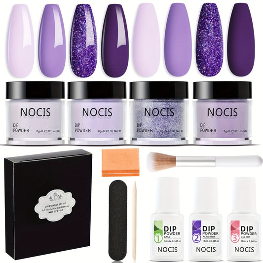 Dip Powder Nail Kit with NOCIS Label, Four Lilac Lavender Purple Glitter Powders, Three 10ml Liquids and Tools