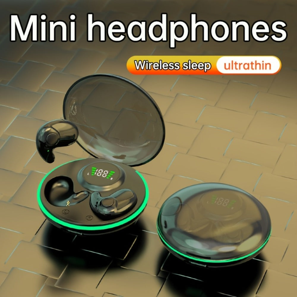 Low-Profile Round-Case Mini Sleep Earbuds with Digital Battery Display in Black, Khaki or White