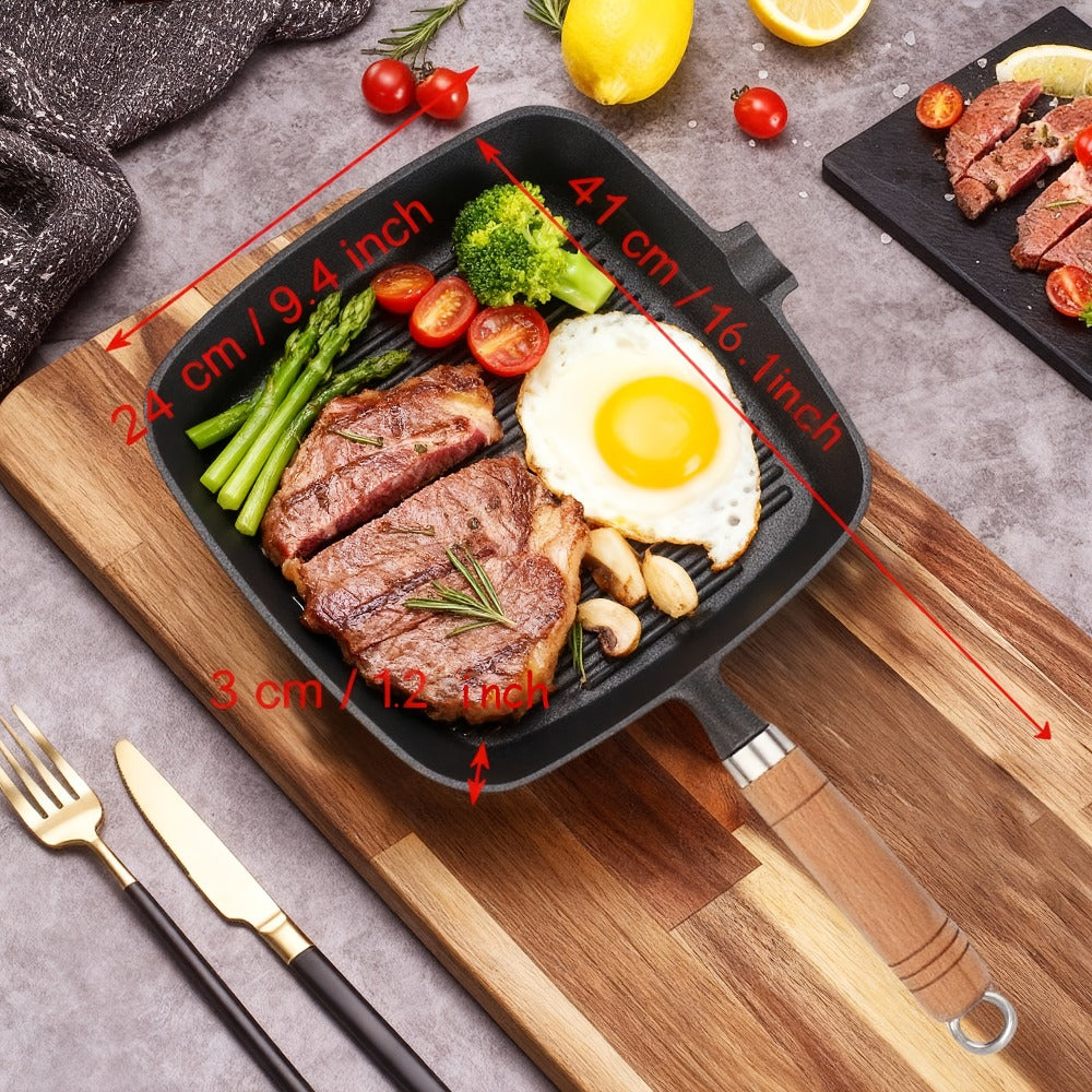 Cast Iron Grill Pan with Non-Stick Surface & Striped Design, Thick Wooden Handle Skillet for Steak
