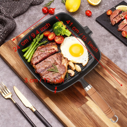 Cast Iron Grill Pan with Non-Stick Surface & Striped Design, Thick Wooden Handle Skillet for Steak