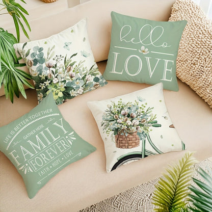 Four-Piece Farmhouse Pillow Cover Set, 18 x 18 Inches with Eucalyptus, Bicycle and Typography Prints