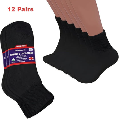 12-Pair Low-Cut Diabetic Sock Set for Adults in Six Colors with 9-11, 10-13 and 13-15 Size Options