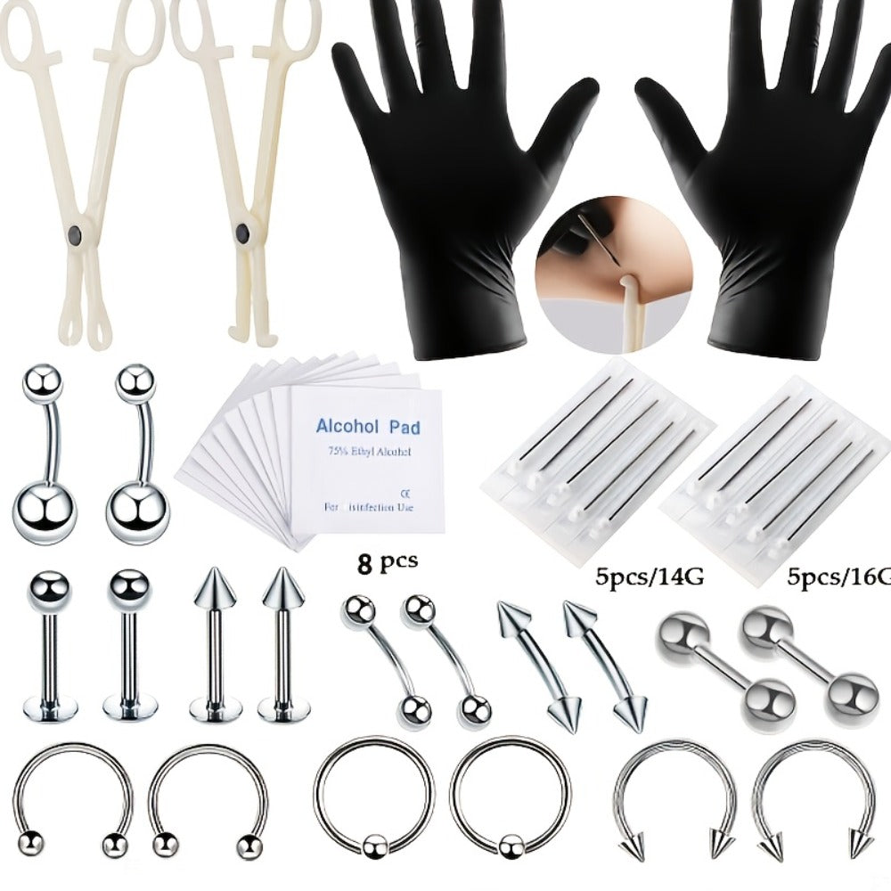 Piercing Kit Stainless Steel Random Set for Makeup, Travel and Everyday Vanity Use, with the Listed Configuration