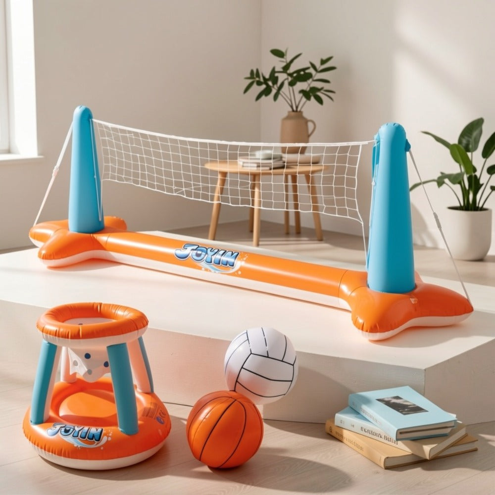 Inflatable Pool Game Set for Kids & Adults, Volleyball Net Court & Basketball Hoops with Balls