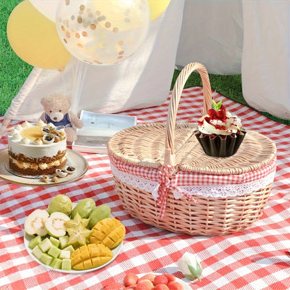 Covered Wicker Picnic Hamper with Twin Lid Panels in Red Plaid or Daisy Pattern Textile Styles