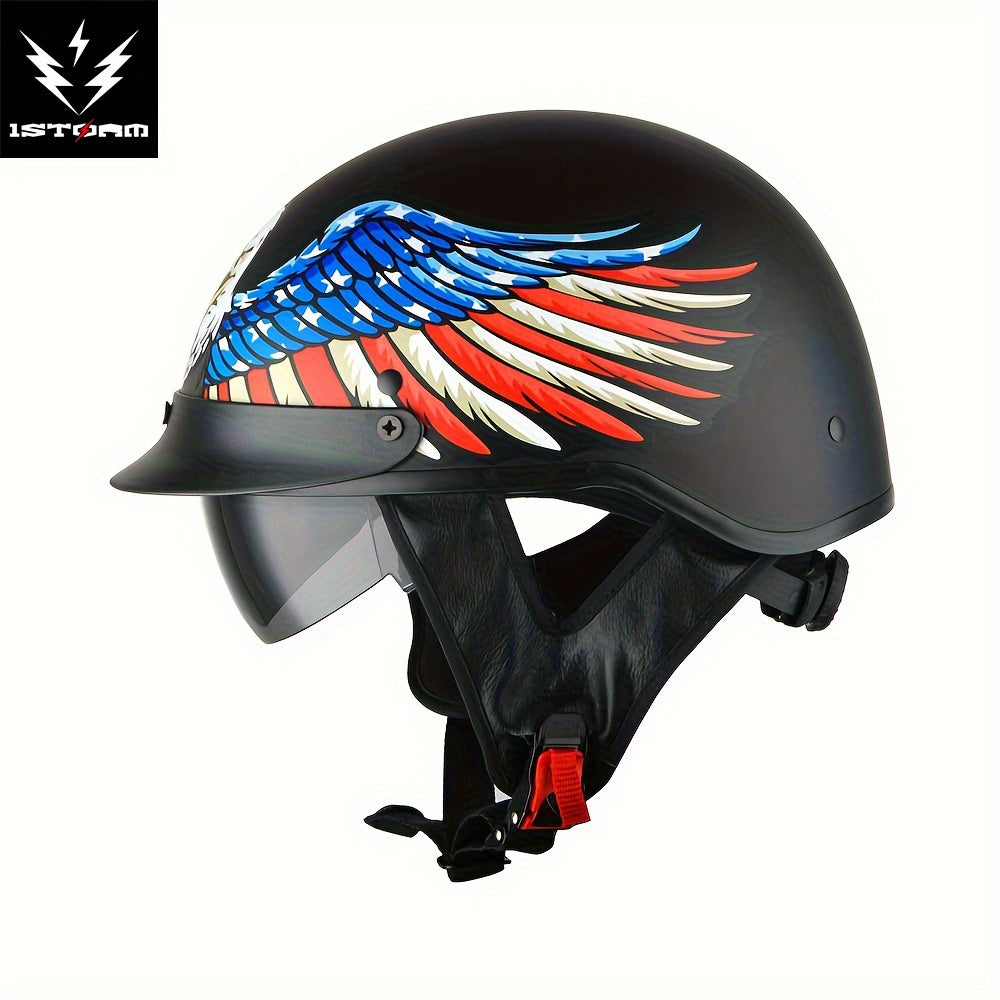 Motorcycle Helmet 1STORM Half-Shell with Retractable Smoked Visor, Five Graphic Styles, S-XL Sizes and Quick-Release Strap