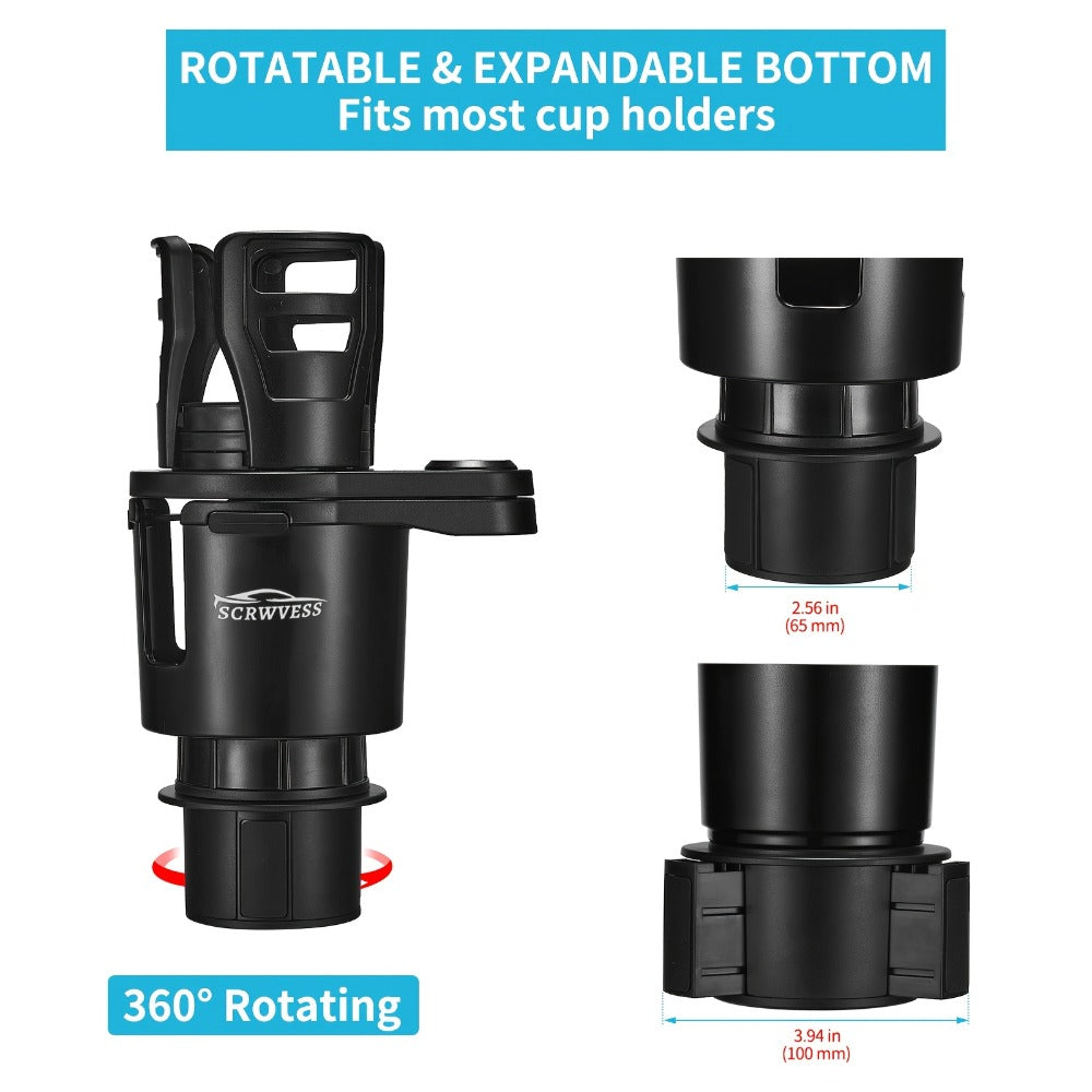 Cup-Holder Phone Mount and Expander with Rotating Cup Ring, Adjustable Side Cradle and Two Layout Options