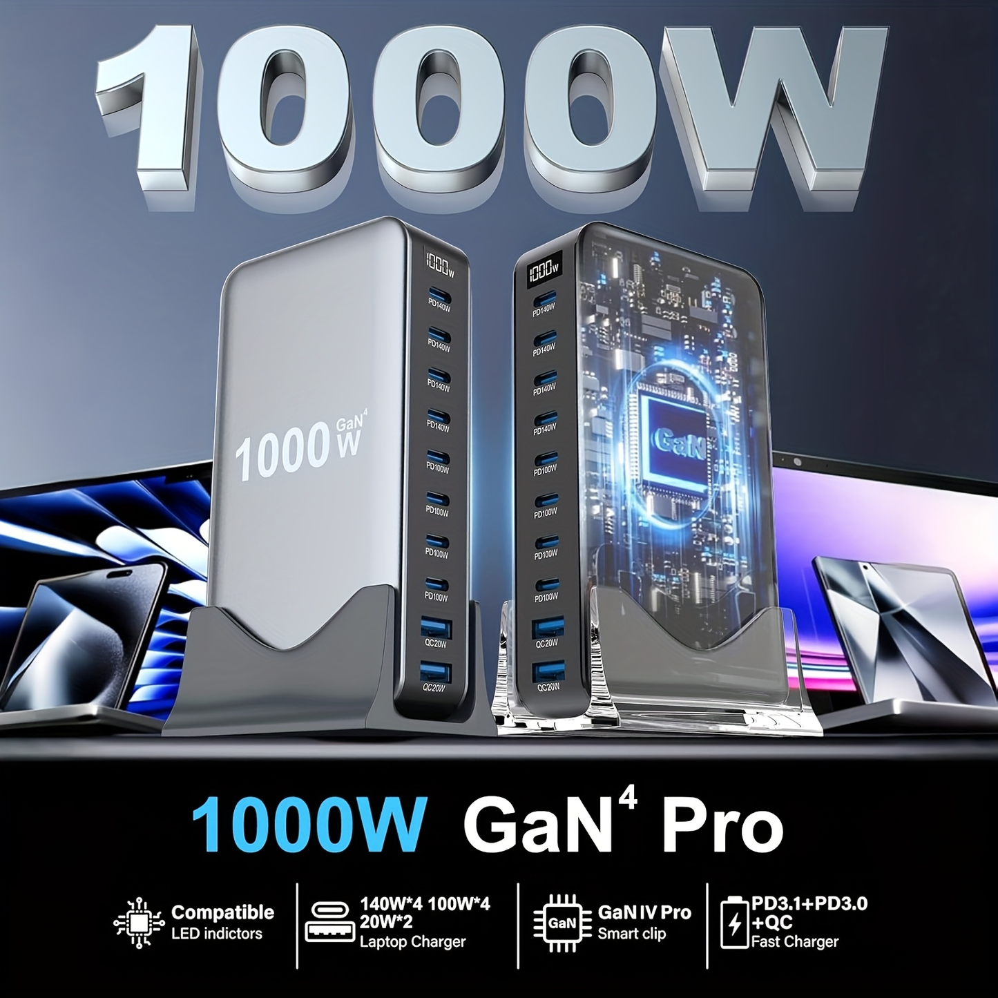 GaN Charging Station 1000W GaN3 10-Port USB-C Fast Charger for Laptops Tablets Smartphones for an Everyday Personal Care Routine
