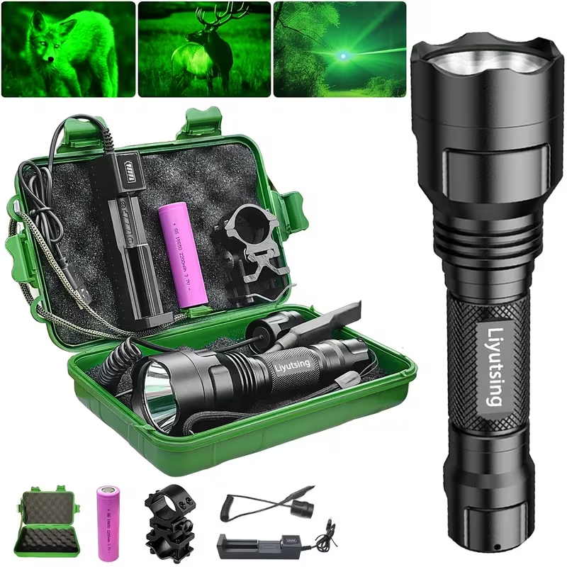 Flashlight Red, Green or White Hunting Light with Remote Switch, 18650 Battery and Mount Options