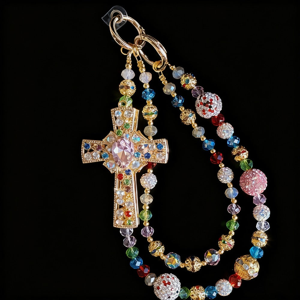 Crystal Cross Phone Chain Keychain Luxury Rhinestone Bling Bag Charm Pendant – Shining Mini Bag Chain Fashion Accessory for Women Colorful