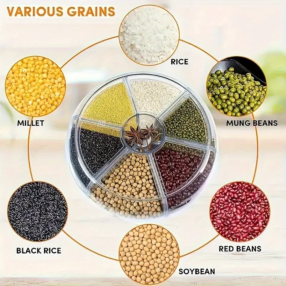 Food Storage Container Rotating Grain Dispenser with Six Compartments, Clear Dome and Front Drawer Outlet