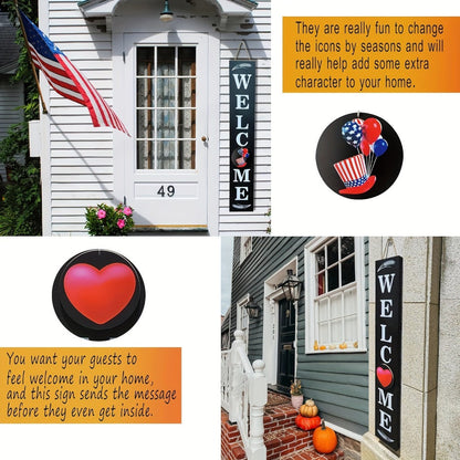 Porch Sign with 12 Interchangeable Seasonal Icons 47 Inch Tall – Welcome Sign for Front Door, Wind Resistant Leaner Board for Patio Yard