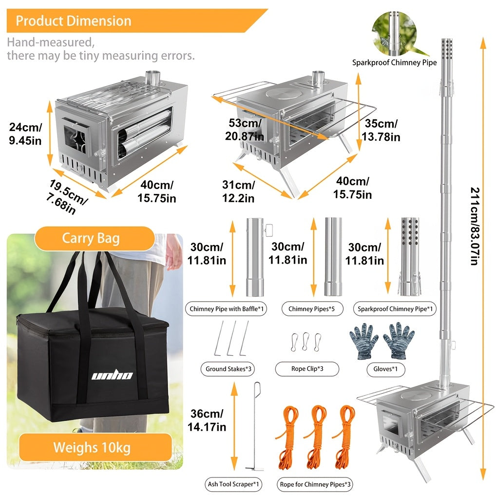 Wood Burning Stove Portable Camping Tent Stove with 7 Detachable Chimney Pipes, Stainless Steel, Adjustable Height
