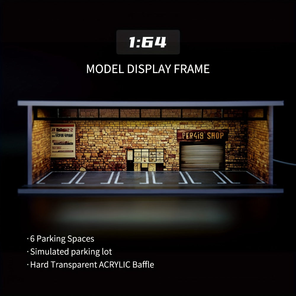 1:64 Diecast Car Display Case with LED Lighted Garage Diorama, Expandable Showcase for 6 Model Cars