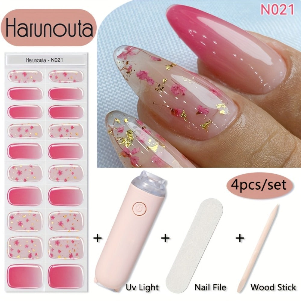 Semi Cured Gel Nail Strips Kit with Handheld LED Nail Lamp, 20 Real Gel Nail Stickers Wraps for DIY Nail Art
