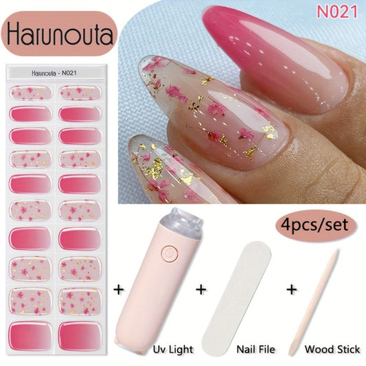 Semi Cured Gel Nail Strips Kit with Handheld LED Nail Lamp, 20 Real Gel Nail Stickers Wraps for DIY Nail Art